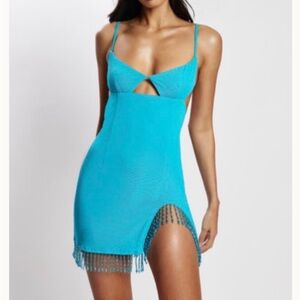 Meshki Darcie Turquoise Beaded Fringe Mini Dress